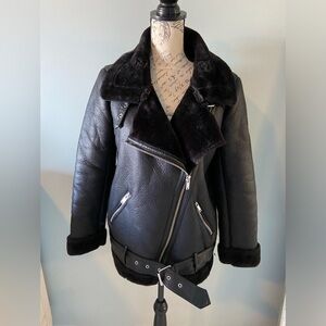 Zara black faux shearling moto jacket size small